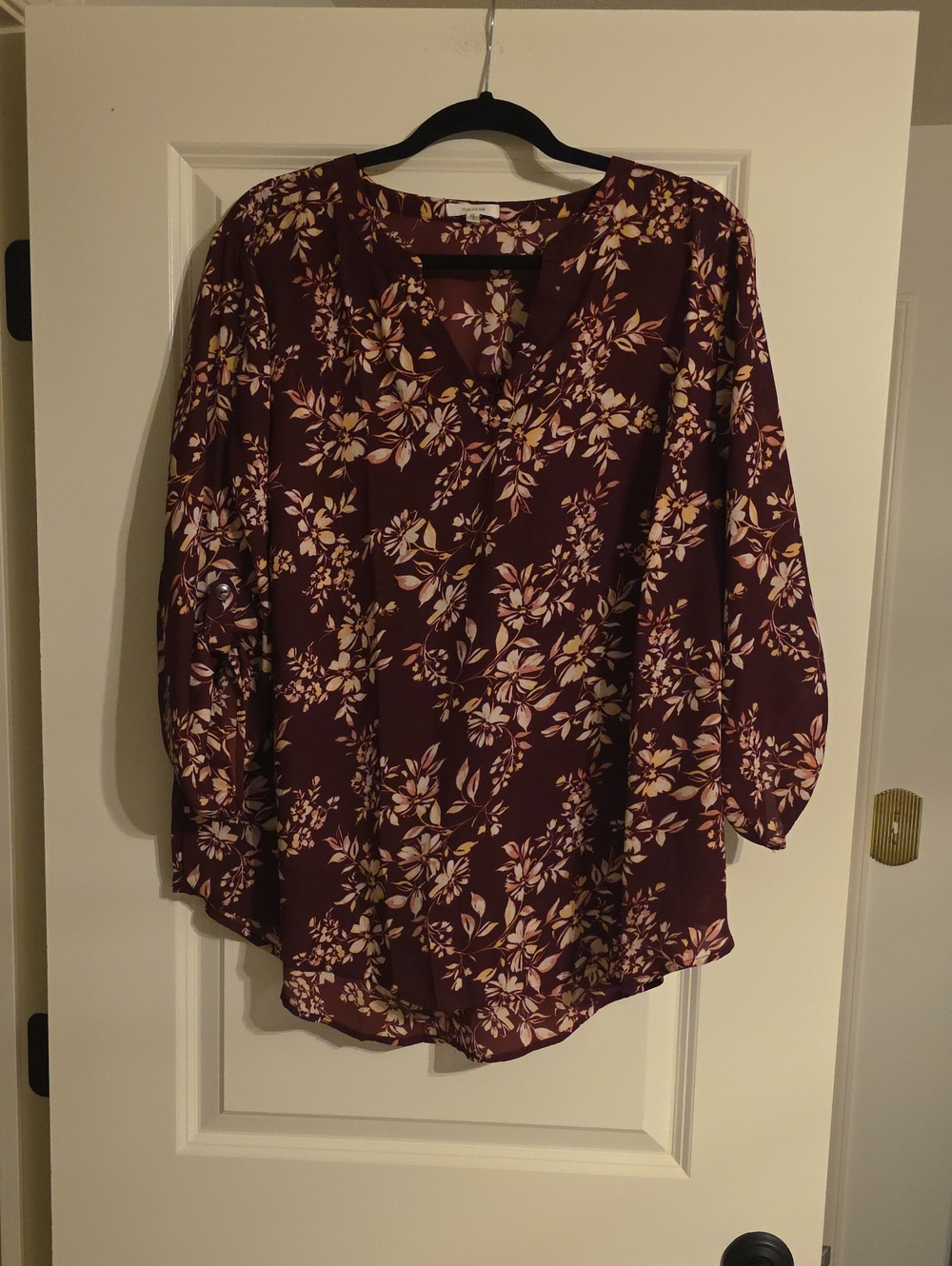 Maurices Wine Floral V-Neck Blouse with Cream Print